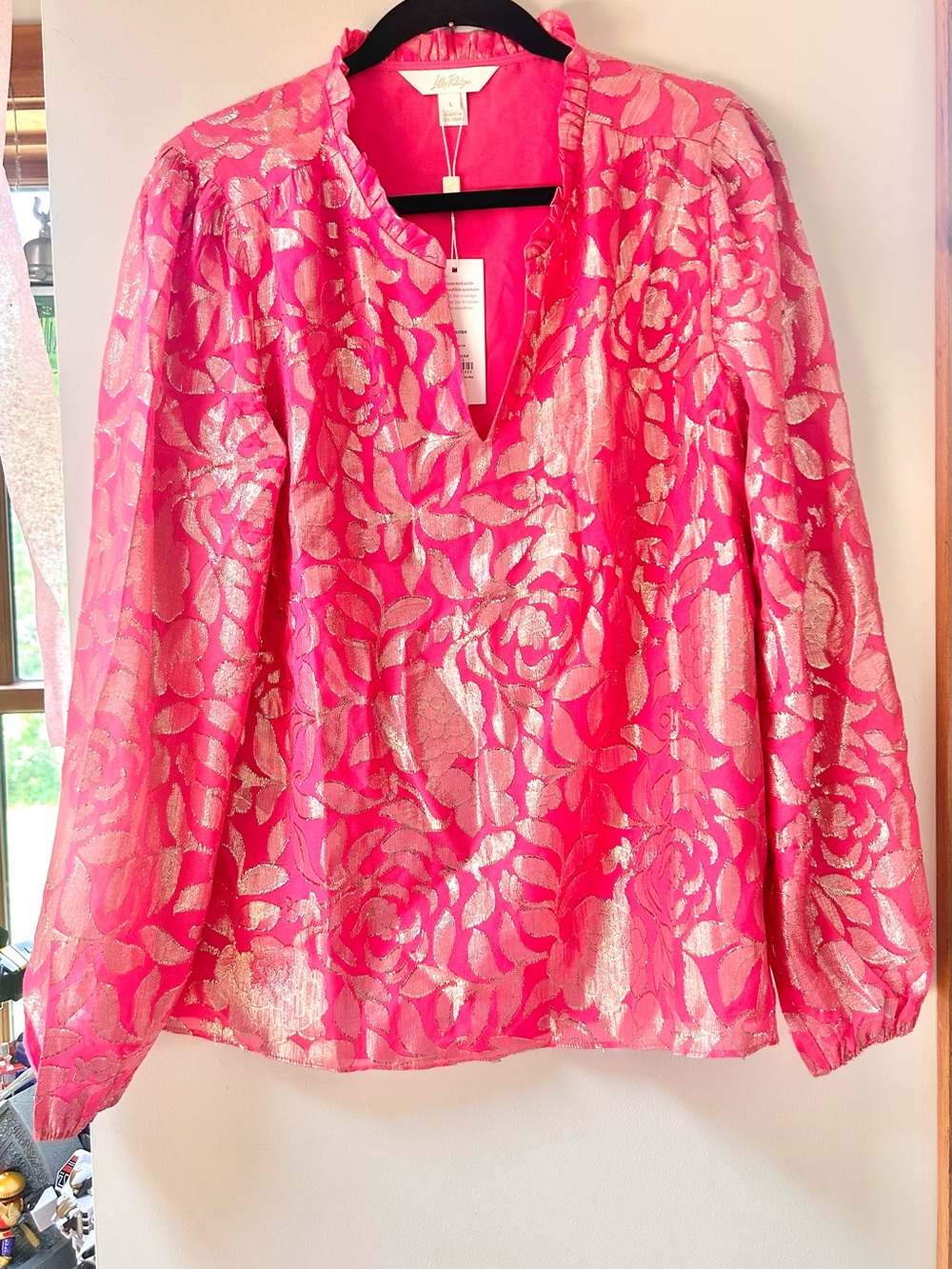 Lilly Pulitzer Giana Silk blouse size Large NWT pink gold floral
